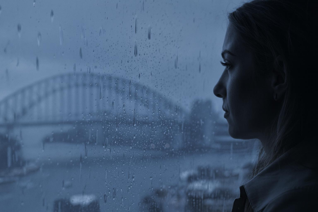 A women gazing through rain-covered window toward arched bridge, evoking solitude and emotional depth