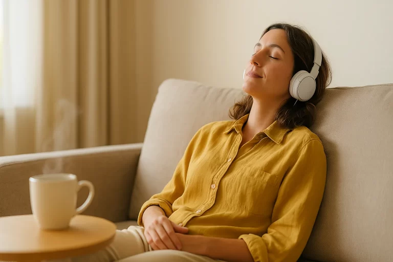 A women relaxing on a beige couch with headphones and a hot drink, enjoying a cozy, peaceful moment.